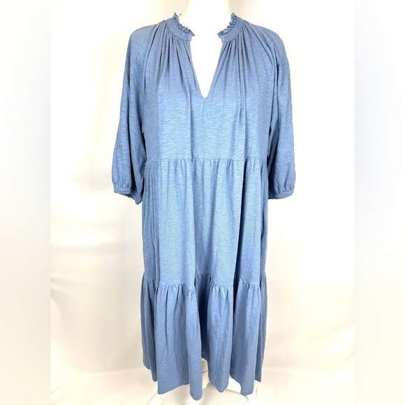 The White Company Blue Tiered Midi Dress Pockets 100% Organic Cotton Size 8 - Picture 2 of 9